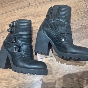 Ash Black Chunky Heeled Boots with Buckles
